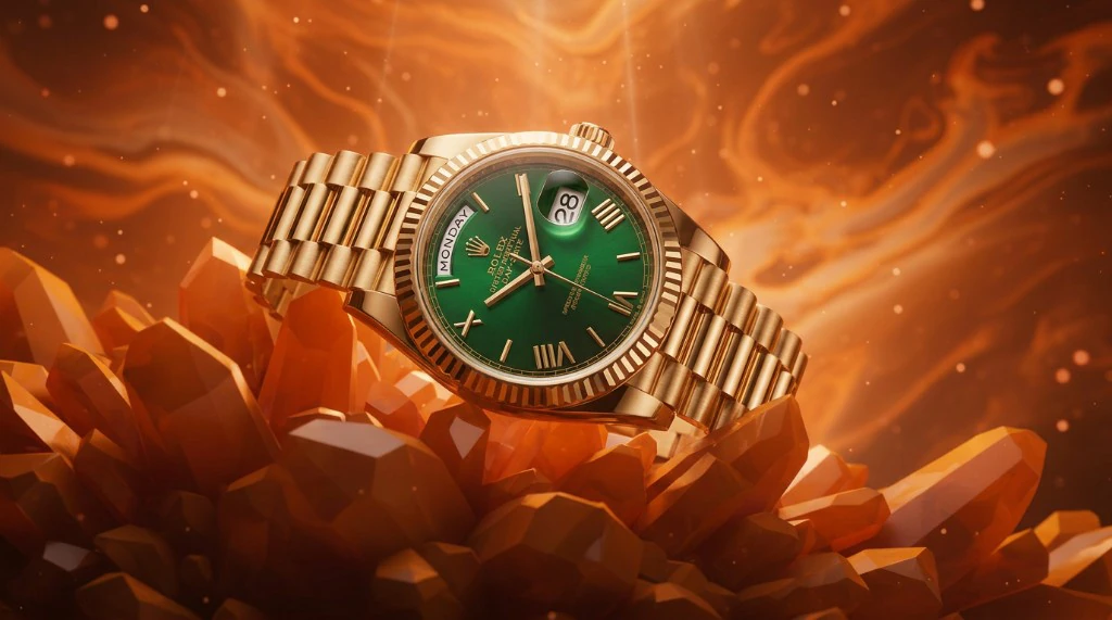 Luxury gold Rolex Day-Date with green dial on amber crystals